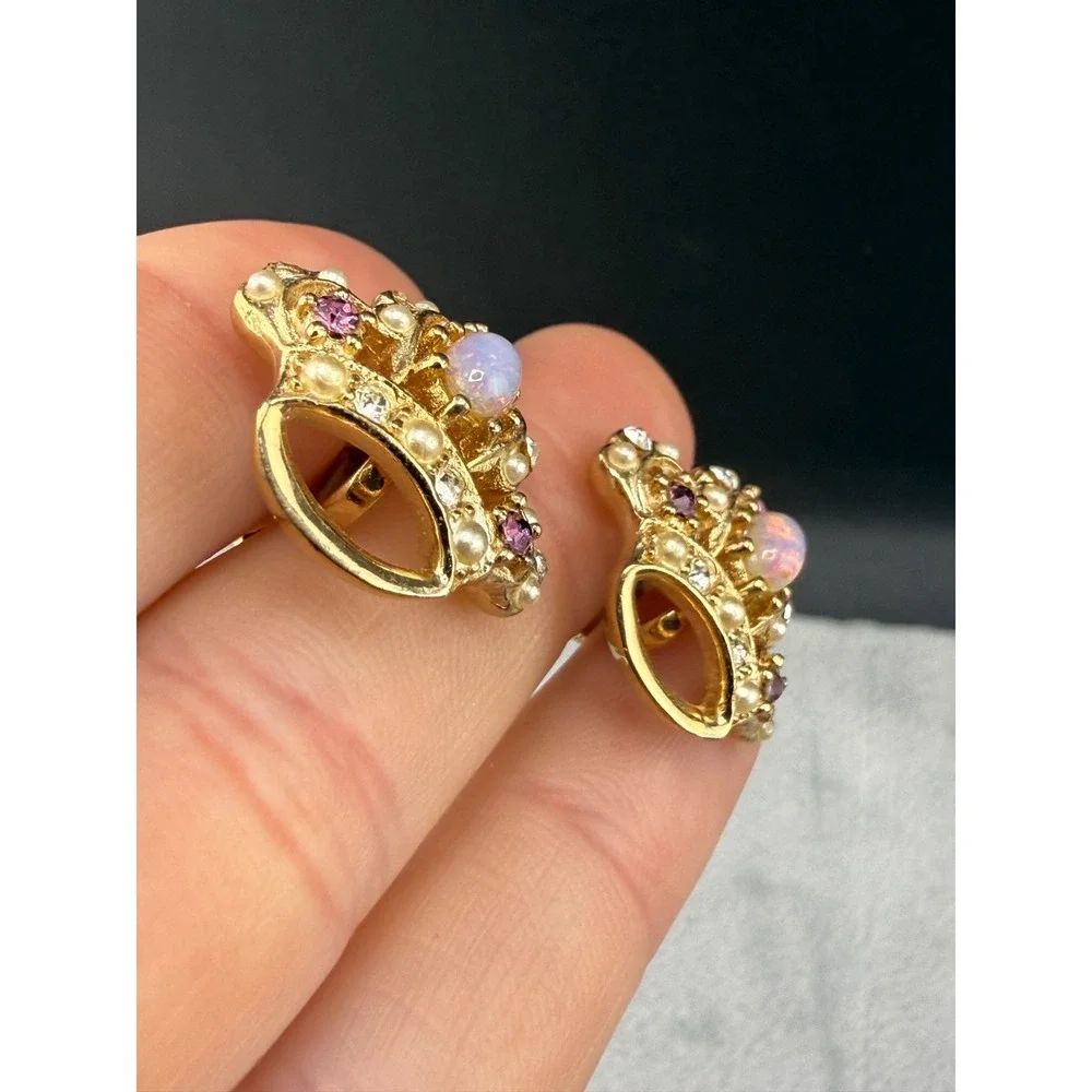 Vintage Crown Brooch Screw Back Earrings Set Rhinestone Pink‎